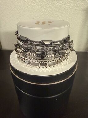 Silver Tone Layered Spike & Crystal Stackable Bracelet Set